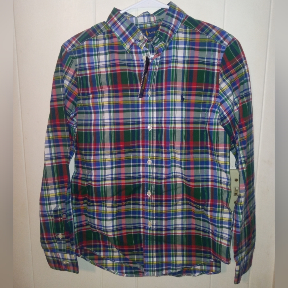 Boys Ralph Lauren Plaid Natural Stretch Oxford Shirt Size L (14/16) #101